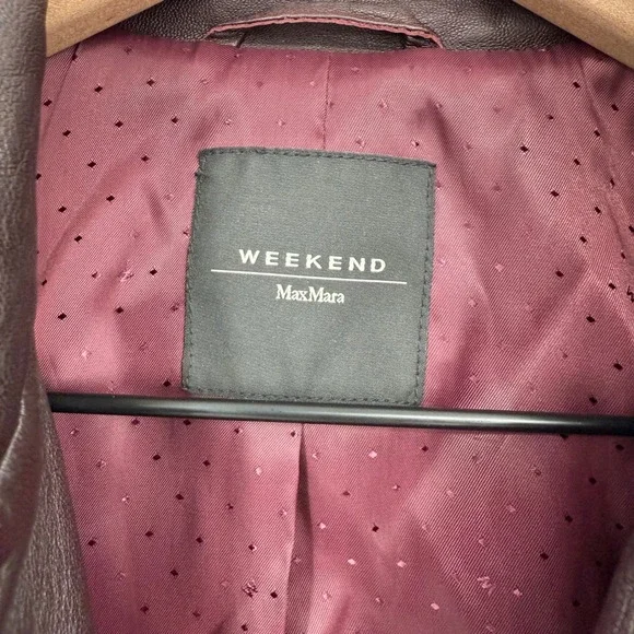 Weekend Max Mara Womens Leather Moto Jacket Burgundy Asymmetrical Zip Moto Style